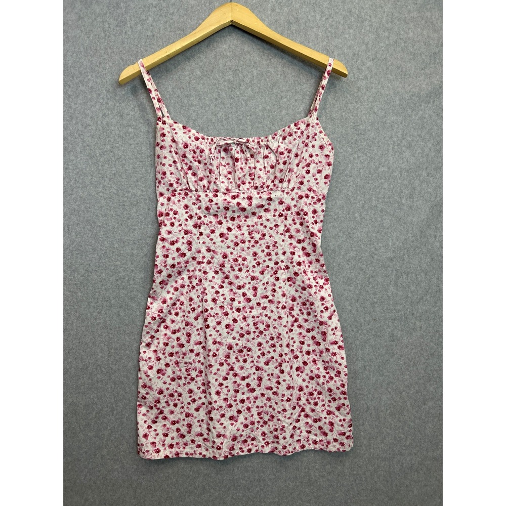 Y2K Silhouette Mini Milkmaid Dress Pink Floral Cottagecore Cotton Sz Small READ